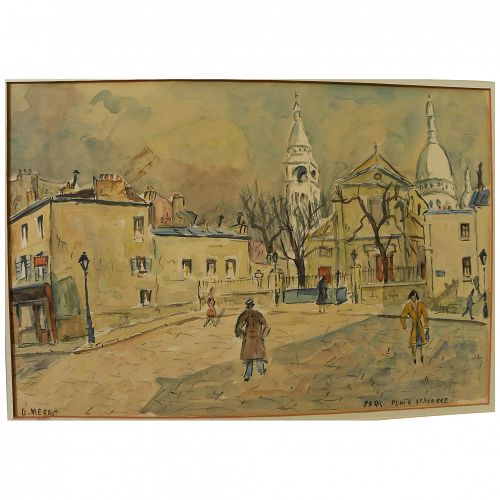 Charming signed mid-century Paris Montmartre watercolor painting inspired by Utrillo