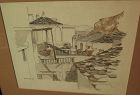 Original ink and watercolor signed drawing of scene in Skopelos, Greece dated 1984