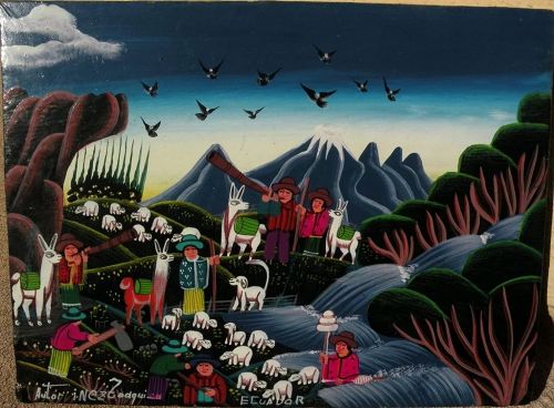 Naive art colorful small painting of Ecuadorean Andes scene with figures