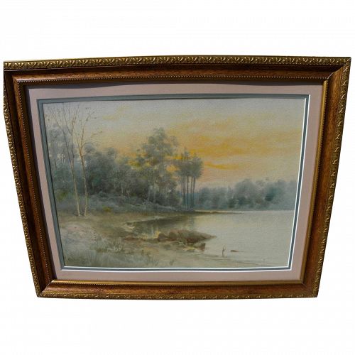 C. MYRON CLARK (1858-1925) impressionist watercolor painting of lake and forest at sunset