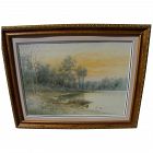 C. MYRON CLARK (1858-1925) impressionist watercolor painting of lake and forest at sunset