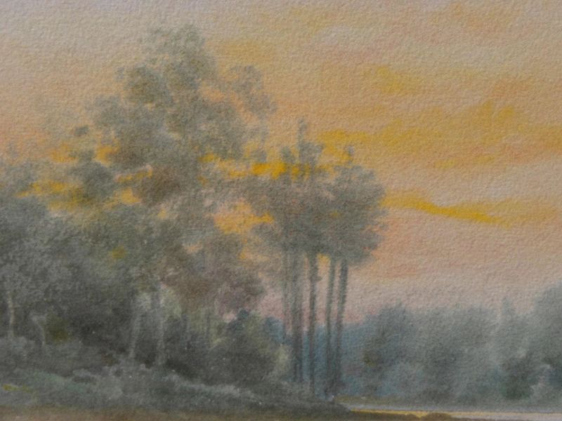C. MYRON CLARK (1858-1925) impressionist watercolor painting of lake and forest at sunset