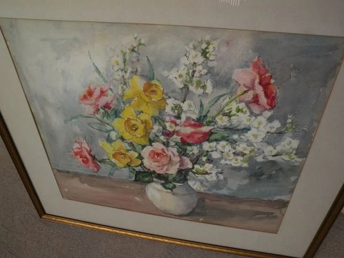 American impressionist watercolor still life painting flowers in a vase