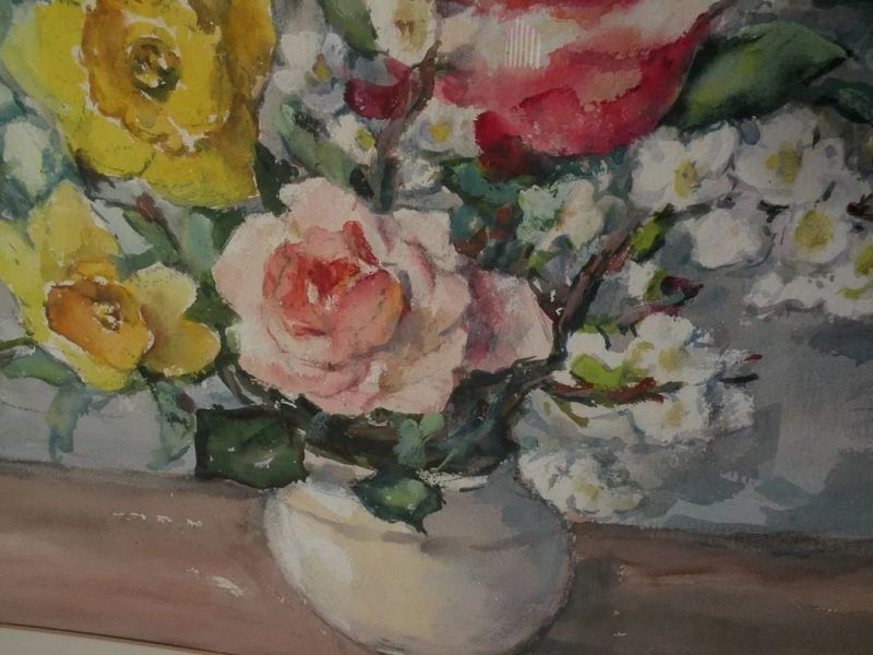 American impressionist watercolor still life painting flowers in a vase