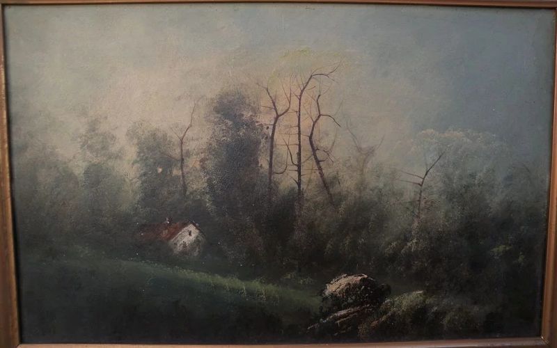 Old American landscape painting on board circa 1920