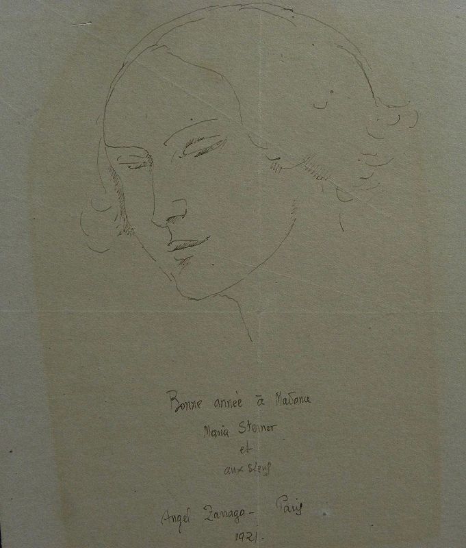 ANGEL ZARRAGA (1886-1946) beautiful 1921 modernist portrait line drawing of a woman by noted Mexican artist