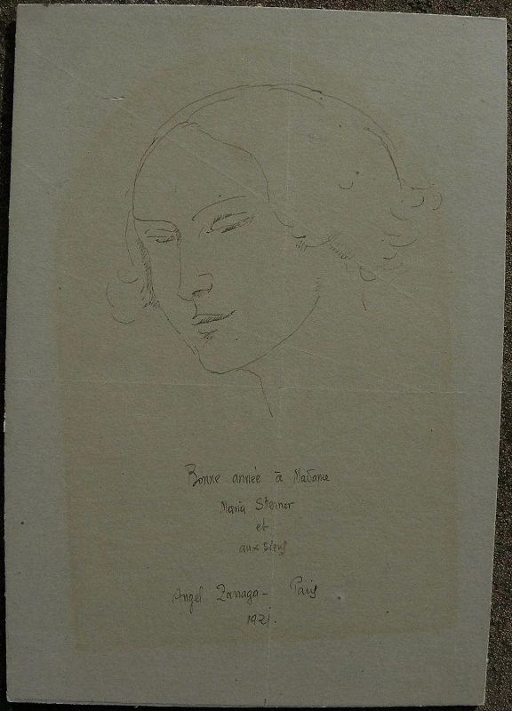ANGEL ZARRAGA (1886-1946) beautiful 1921 modernist portrait line drawing of a woman by noted Mexican artist