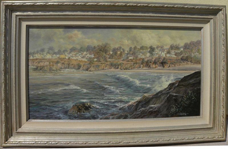 NICKY BOEHME (20th century California) large **original painting** of Mendocino village, California