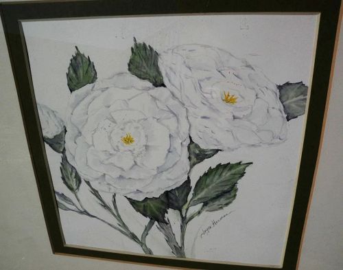 Signed contemporary watercolor still life painting of white flowers