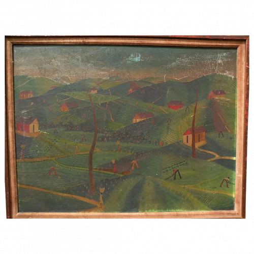 Haitian Art naive style painting of figures in a country landscape signed M. SANON