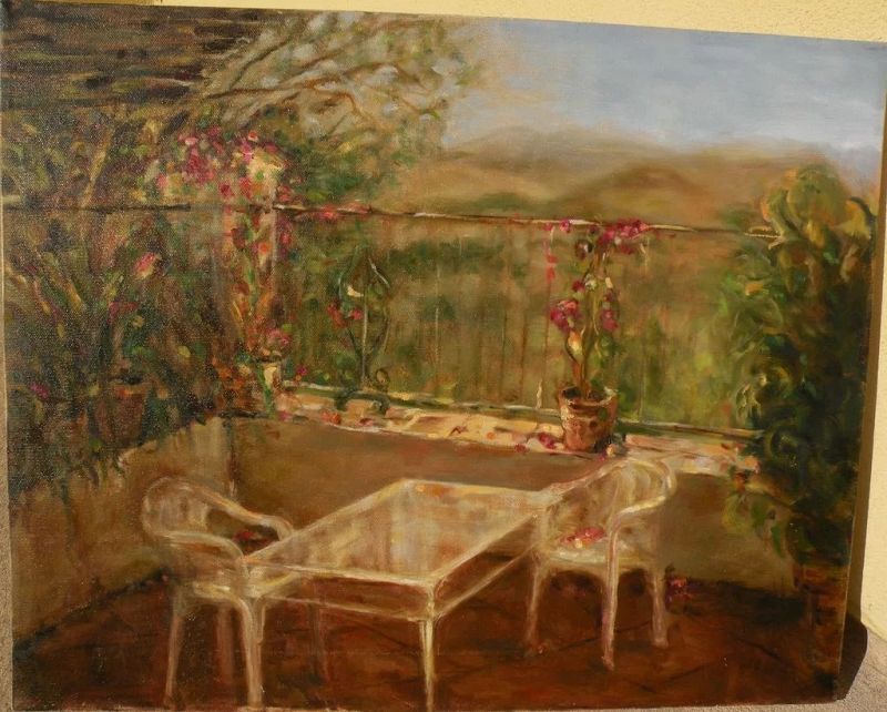Contemporary American impressionist painting of  lovely terrace overlooking landscape