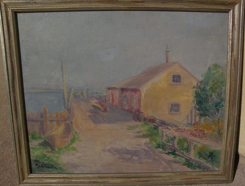 American impressionist painting building by the shore signed likely listed artist