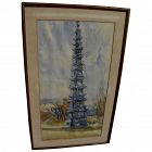 Chinese art 1968 watercolor painting of pagoda temple signed Ji Won Chang