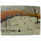 MARY ORKIN (1894-1987) naive style painting of children sledding in Central Park dated 1958