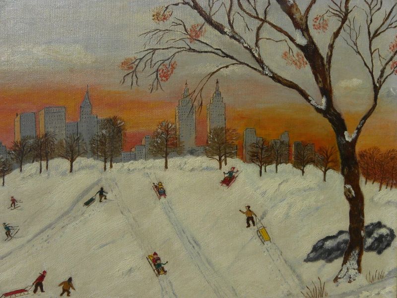 MARY ORKIN (1894-1987) naive style painting of children sledding in Central Park dated 1958