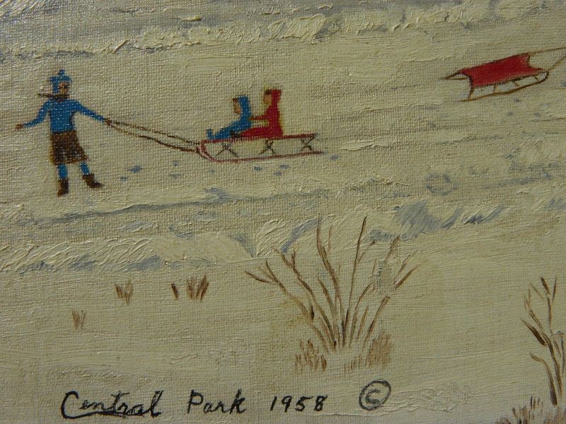 MARY ORKIN (1894-1987) naive style painting of children sledding in Central Park dated 1958