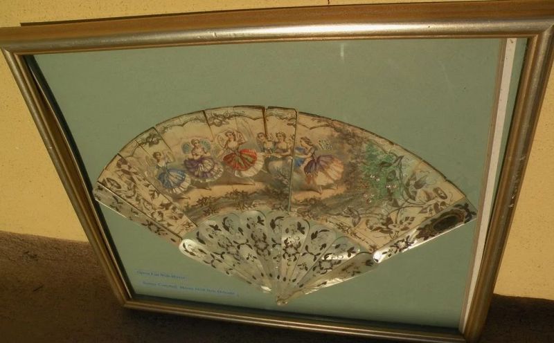 Framed Antique 19th century lady's hand fan with New Orleans history