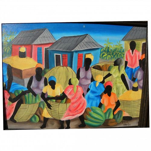 Haitian art colorful naive painting of women in tropical village