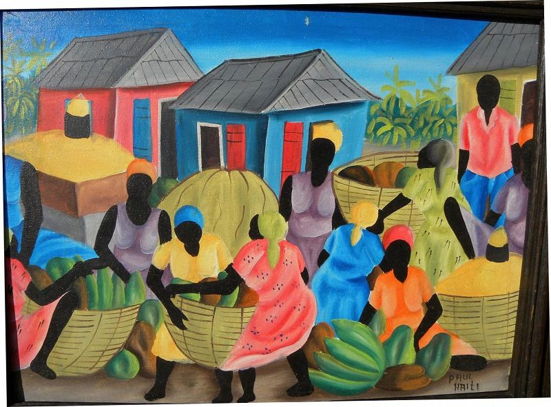 Haitian Naive Style sold Art Painting by Tajson Woman Fruit Vendor 8.5