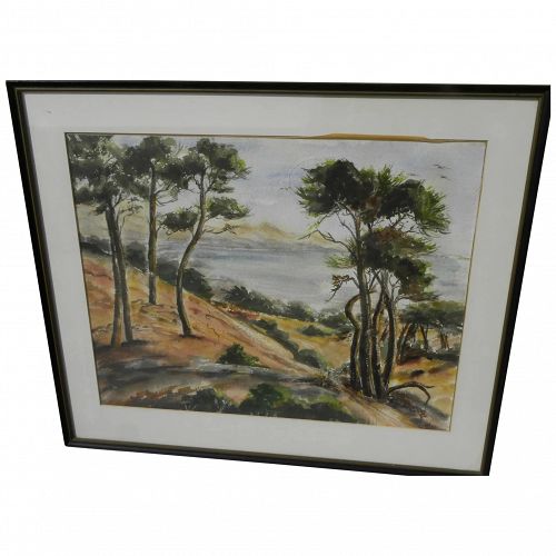 California coast vintage watercolor painting trees and shore
