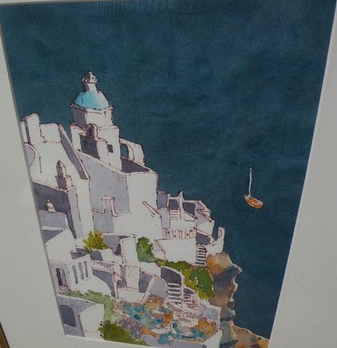 Greek contemporary painting of whitewashed architecture by the deep blue sea