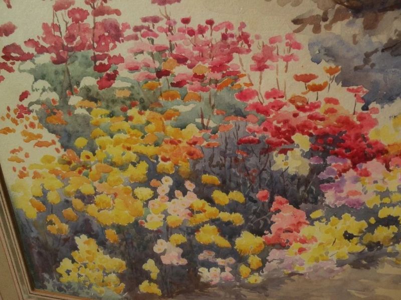 Impressionist watercolor painting of a colorful flowering garden