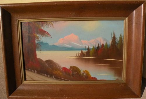 Vintage cabin art style painting lake and mountains circa 1950