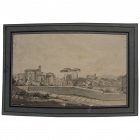 Italian circa 1800 antique watercolor painting of Tuscan town