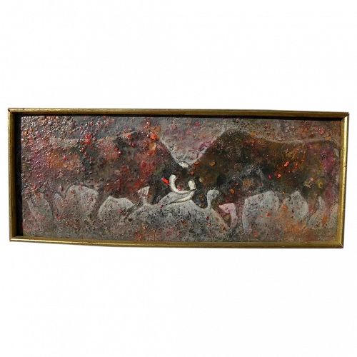 Modernist painting of two bulls locking horns signed Hugo Robus 1954