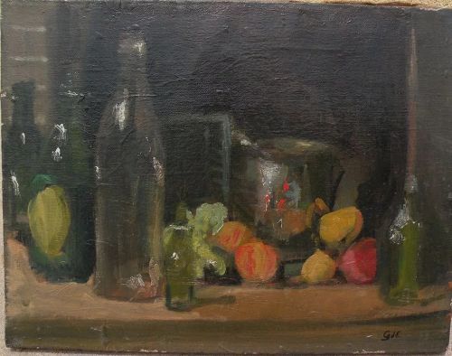 Impressionist table top still life painting with fruits and objects