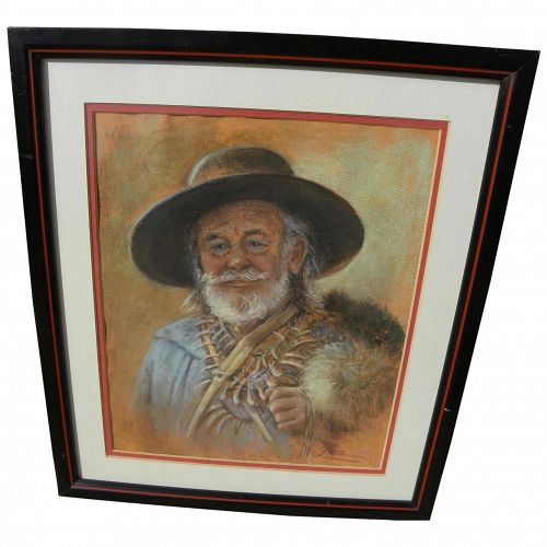 Western American art pastel drawing of frontiersman signed Lea