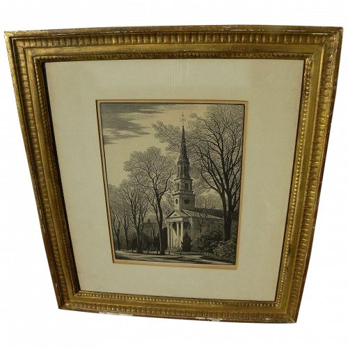 THOMAS NASON (1889-1971) original fine wood engraving Old Lyme Church pencil signed print dated 1956