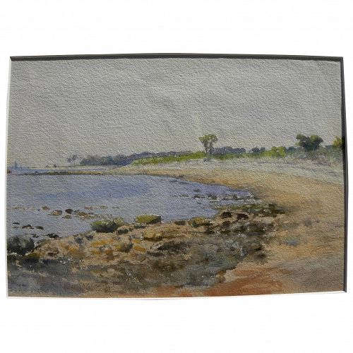 Old American watercolor painting of a small cove and beach