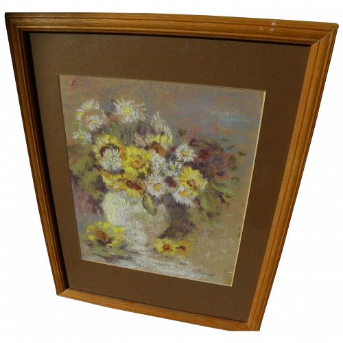 Impressionist pastel still life drawing vase and flowers