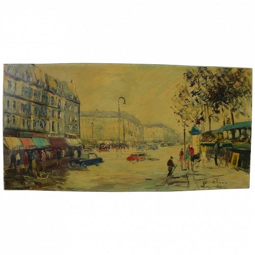 Paris large impressionist street scene signed mid century painting