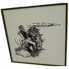 Vintage ink drawing of Native American Indian hunting bison signed Schilling