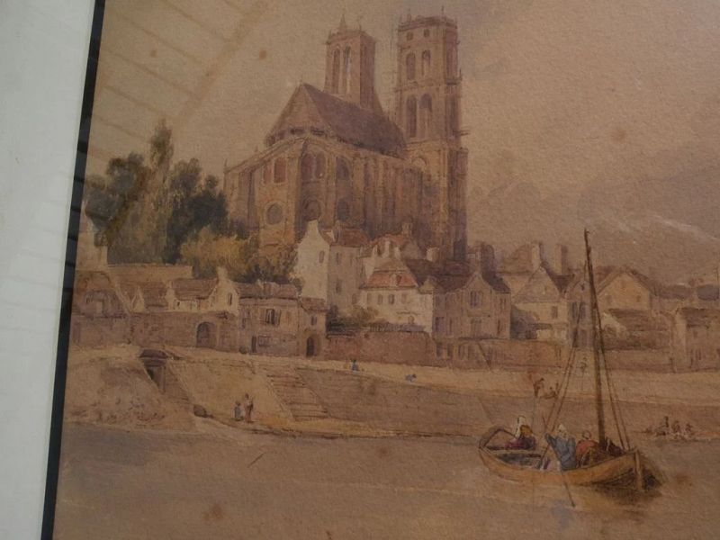 Antique European 19th century watercolor painting of cathedral and river at Mantes, France
