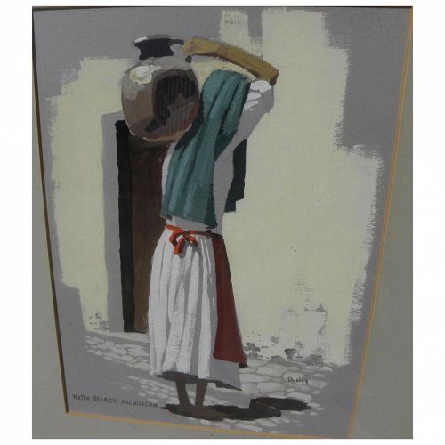 JACK DUDLEY (1918-1996) gouache painting of Mexican woman carrying water jug by listed California artist