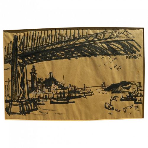 DONG KINGMAN (1911-2000) ink drawing of San Francisco bridges by important California watercolor artist