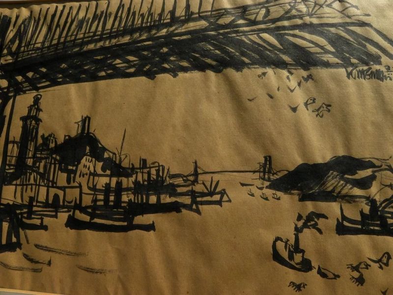 DONG KINGMAN (1911-2000) ink drawing of San Francisco bridges by important California watercolor artist