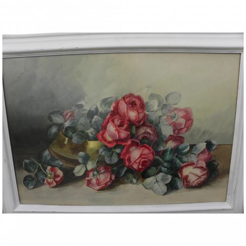 Vintage large watercolor painting of roses circa 1900