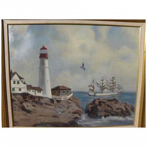 Marine painting of coastal lighthouse and Portuguese tall ship signed by gallery artist CRAIG SMITH