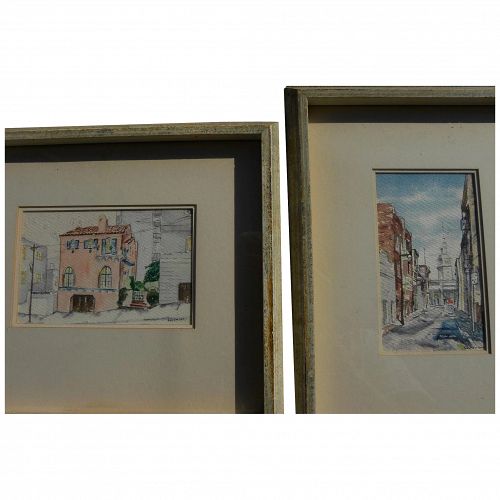 PAIR San Francisco 1960's watercolor paintings of familiar scenes