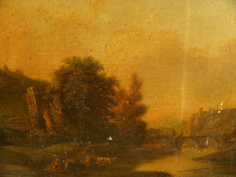 Old Master antique European landscape painting on oak wood panel