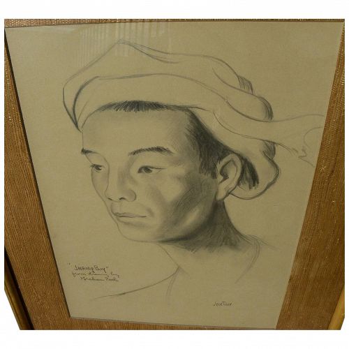 JADE FON  (1911-1983) fine portrait drawing of Asian man by noted California Style watercolor artist