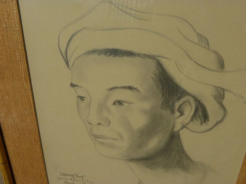 JADE FON  (1911-1983) fine portrait drawing of Asian man by noted California Style watercolor artist