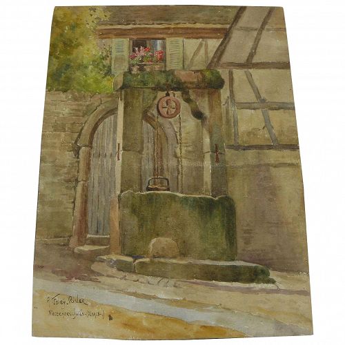 AMELIE FOLEY-RISLER (1870-1947) listed French artist watercolor painting of a well and half-timbered house in Alsace