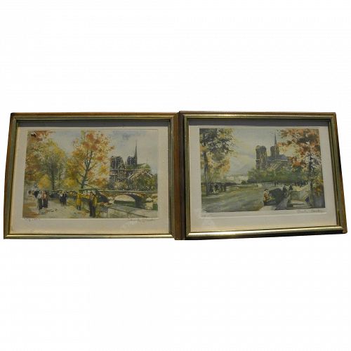 CHARLES BLONDIN (1913-1991) pencil signed limited edition **PAIR** of Paris prints Seine River including Notre Dame