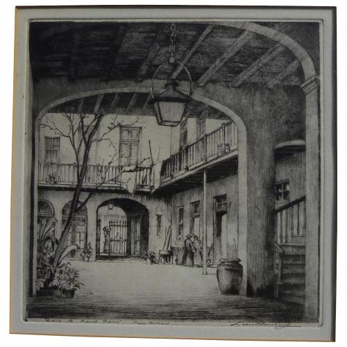 LEON PESCHERET (1892-1971) etching of New Orleans French Quarter courtyard pencil signed