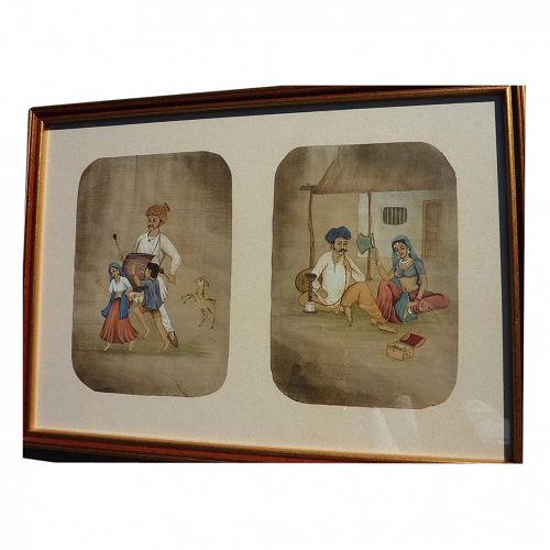 Indian traditional art framed ink and watercolor drawings